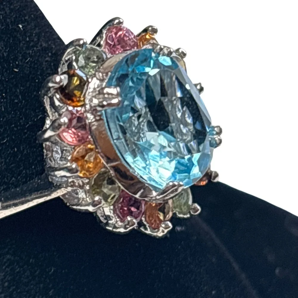 Elegant Blue and Multicolor Gemstone Ring 925 sterling silver Size 9